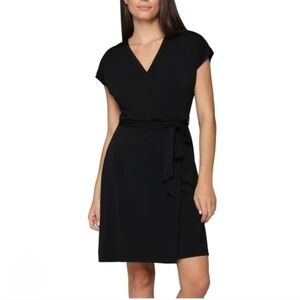 Nicole Miller Short Sleeved Dress Faux Wrap Women's Size Small Black Tie Waist